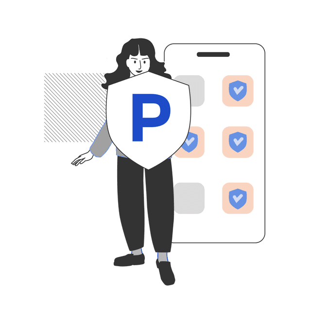 Illustration of a person holding a Promon shield in front of a mobile app screen